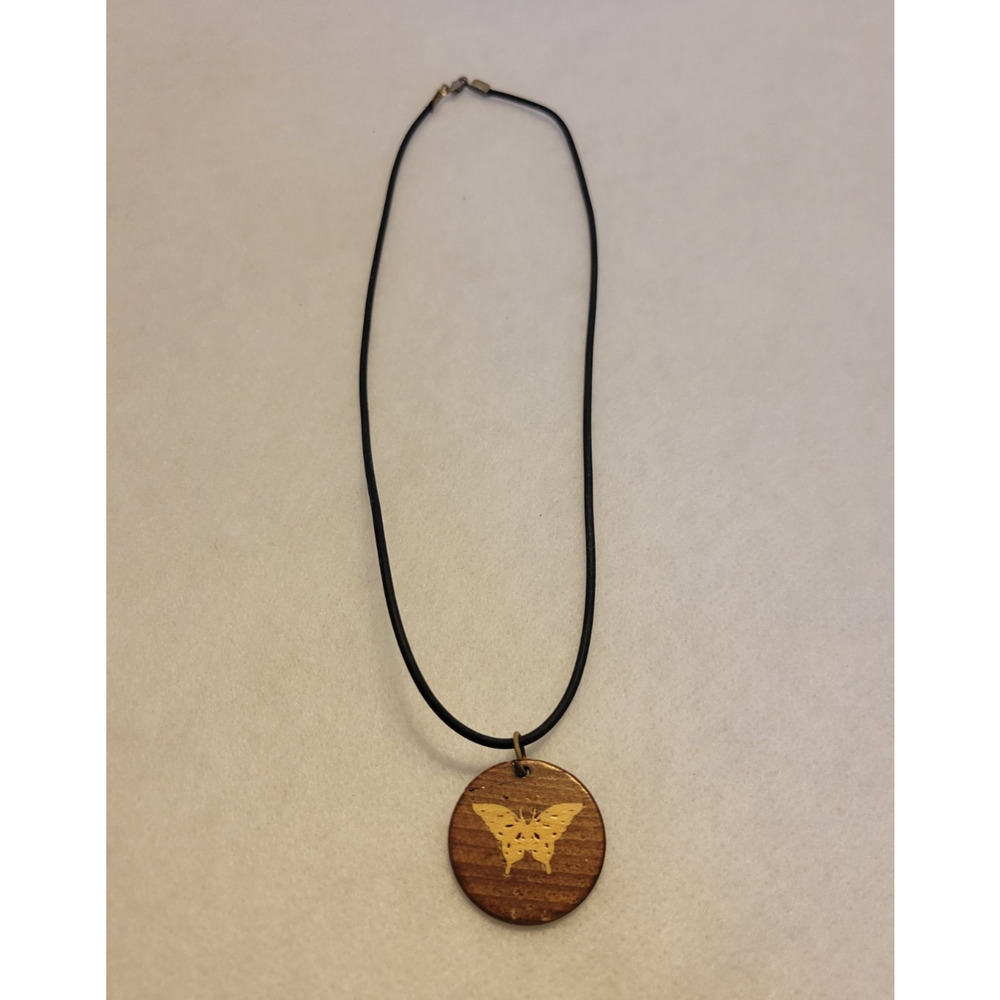 Ethnic Boho Necklace Wooden Round Butterfly Pendant Statement Fashion Jewelry